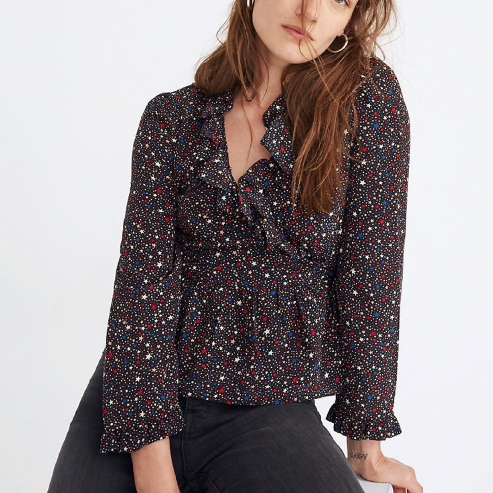 Madewell Silk Ruffle-Hem Wrap Blouse, Sz XS (NWOT)